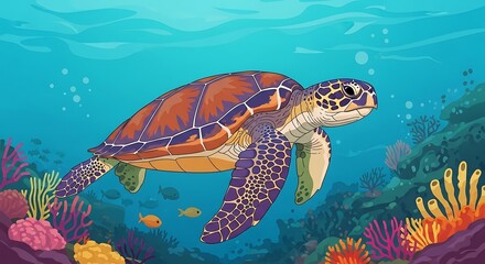 Obraz premium Sea Turtle Coral Reef Ocean Swim.
