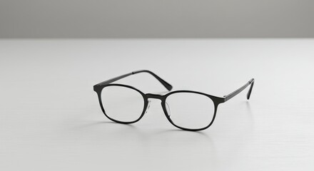Blackframed glasses lie on a light surface minimalist backdrop