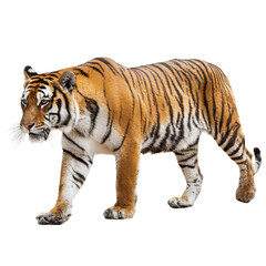 Obraz premium isolated Bengal tiger walking, 3/4 view, vivid stripes, clean edges, transparent background, stock PNG, textured grain