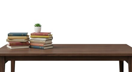 Stack of books and a small succulent on a dark wooden table against a white background