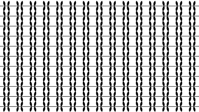 Symmetrical black and white geometric pattern of vertical eye shapes with horizontal lines on a white background