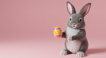 A gray bunny sits upright holding a yellow and pink easter egg against a pink background