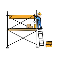 climbing ladder and securing beams on scaffolding  with worker