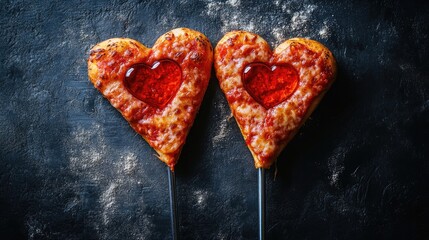 Two pieces of pepperoni pizza with hearts. Pepperoni pizza, mozzarella. Italian pizza. Romantic date in a restaurant. Valentine's Day. Love card template.