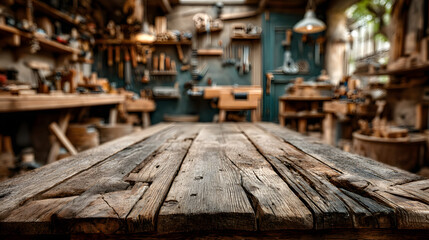 Empty wooden table in the foreground; blurred backgrund with carpenter's toolson the wall