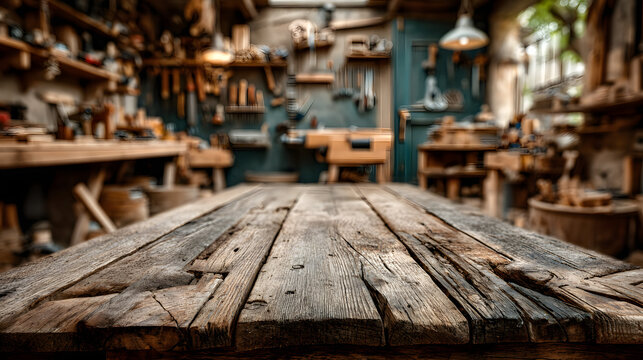 Empty wooden table in the foreground; blurred backgrund with carpenter's toolson the wall - Powered by Adobe