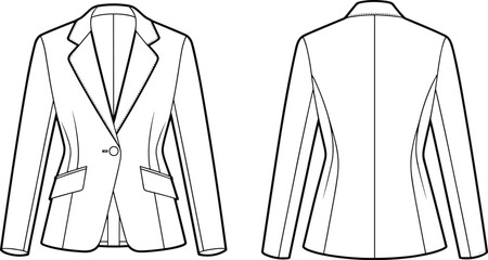Women’s tailored blazer jacket flat sketch, front and back view, fashion design template, professional outerwear, modern style, office wear, structured fit, clothing illustration.