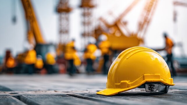 Main focus on construction safety helmet resting on digital blueprint printout blurred cranes and workers in background.
