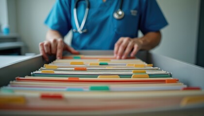 Healthcare pro in blue scrubs, stethoscope sorts through colorful files in cabinet drawer. Systematic organization of medical records, patient documentation, clinic administration. Focus on