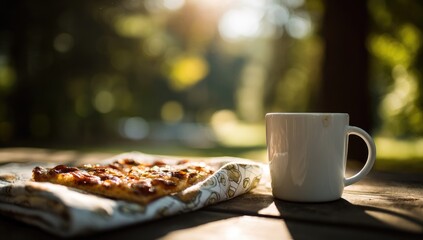 Pizza slice and coffee cup on wooden table