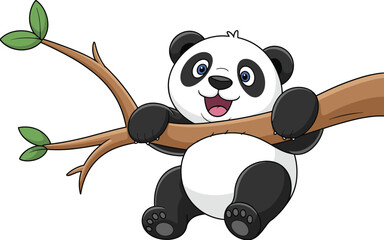 Cute cartoon panda hanging on tree branch with cheerful expression, perfect for kids content, educational materials, and playful vector designs.