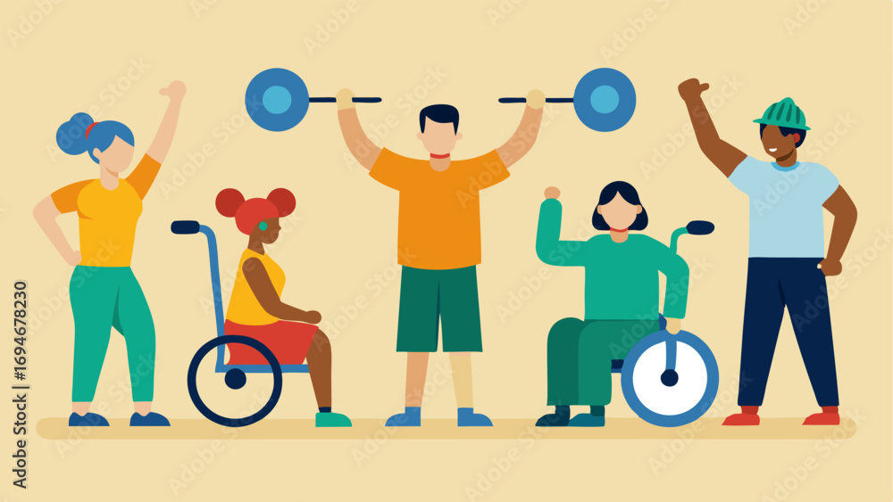 Poster fitness class for all a diverse group of individuals each with various disabilities participating in