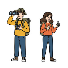 Obraz premium Two travelers exploring nature with binoculars and compass 