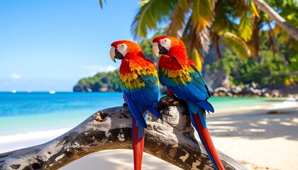 Two vibrant macaws perch on a driftwood branch against a backdrop of a tropical beach scene, showcasing the rich colors of the parrots against the tranquil azure water and lush greenery.