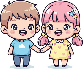 Kawaii cartoon boy and girl holding hands, cheerful chibi children illustration for friendship, love, happiness, playful moment, childhood bonding concept