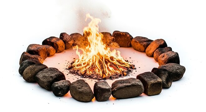 Campfire burning inside a ring of dark stones bright flames
