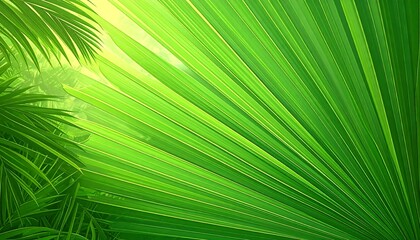 Fototapeta premium An overhead shot of a green fan-like palm leaf, lit from the back. Fine ridges define the leaf's texture. The background is a soft, light-filled opening with additional leaves