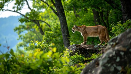 Fototapeta premium Majestic mountain lion surveying the forest from a rocky perch in natural habitat