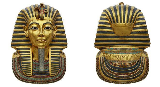Two angles of Tutankhamuns mask showing front and back detailed gold  blue stripes iconic cobra  vulture above brow