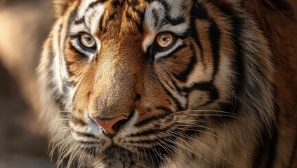 Close-up of a tiger's face.  Fierce gaze