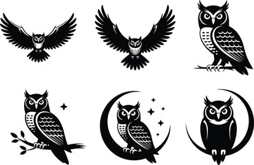 Set of Stylized Black and White Owl Illustrations in Flight Perched Crescent Moon Frame Graphic Vector Art for Nocturnal Design Use