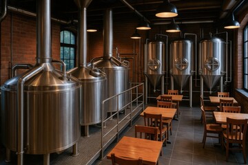 A modern brewery interior featuring large stainless-steel brewing tanks and wooden tables, creating a warm and inviting atmosphere.