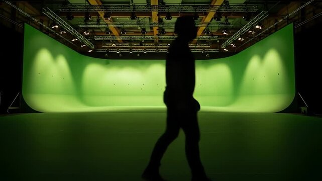 Panoramic greenscreen cyclorama studio interior with overhead lighting grid and silhouetted figures.