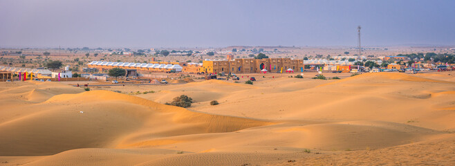 View at Sam sand dunes, It is a popular tourist camping destination among backpacker and nature lovers for its natural beauty of Great Thar desert  in Jaisalmer region of Rajasthan state of India.