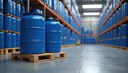 Blue chemical storage tanks neatly stacked on wooden pallets inside large industrial warehouse. Rows of containers organized on high shelving units, suggesting efficient logistics, supply chain