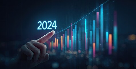 Hand pointing at 2024 on a digital chart over a cityscape
