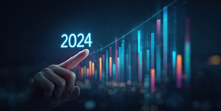 Hand pointing at 2024 on a digital chart over a cityscape
