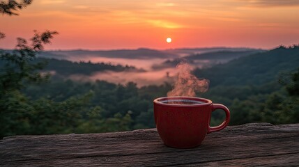 Fototapeta premium Sunrise coffee overlooking misty mountains