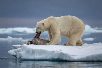 A polar bear on an ice floe devours a seal, highlighting the harsh realities of arctic survival and predation