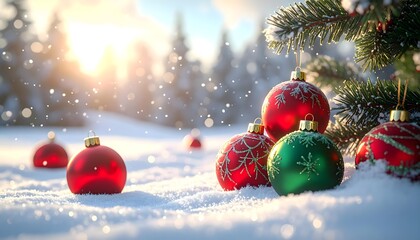 クリスマスオーナメントと雪景色