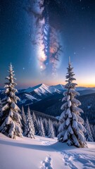 A breathtaking winter landscape showcases snow-covered fir trees, a majestic mountain range, and a vibrant Milky Way galaxy stretching across the night sky.