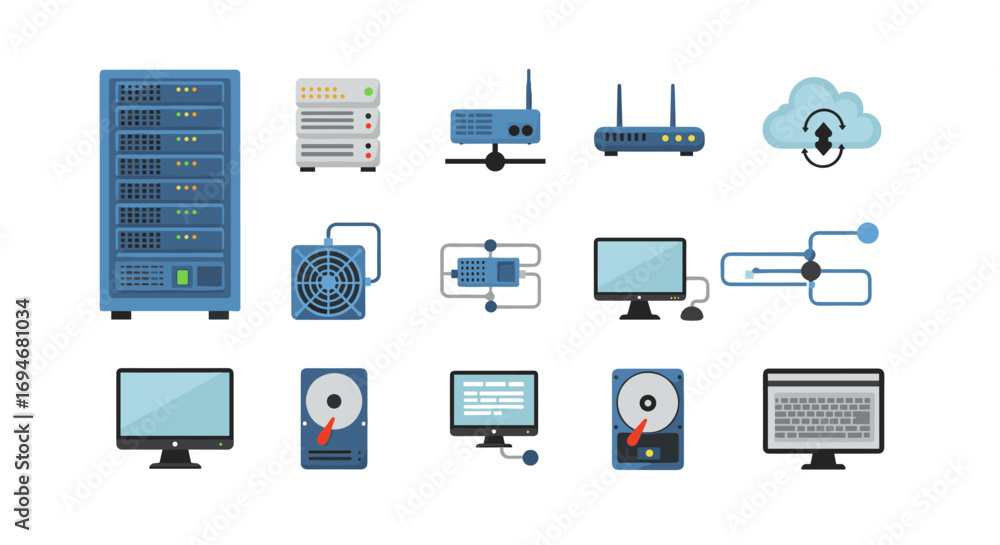 Poster network technology icons set featuring servers, routers, and cloud computing elements in flat design
