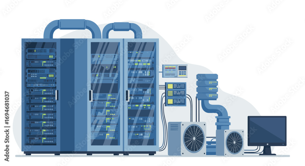 Poster modern data center with server racks and cooling systems in flat design