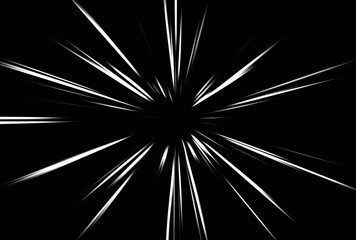 Obraz premium Abstract surface of radial blur zoom in monochrome tones. black background with white dynamic speed lines, radial burst effect, motion energy concept for comics, manga, or futuristic design.