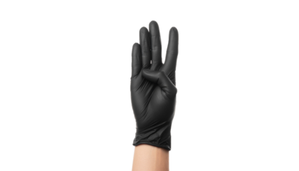 Black Rubber Glove Hand Gesture with Four Raised Fingers Isolated