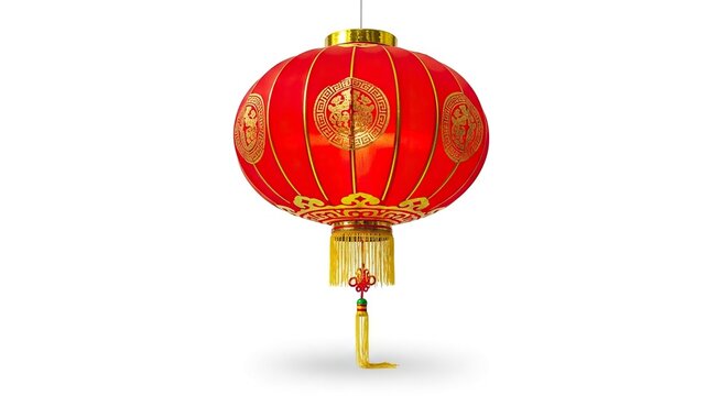 A red Chinese lantern hangs adorned with golden patterns and tassels against a white background