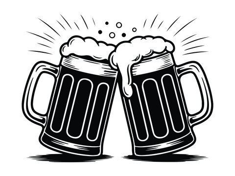 Two beer mugs toasting with overflowing foam, black and white vector illustration, celebration and friendship design, beverage and pub graphic element