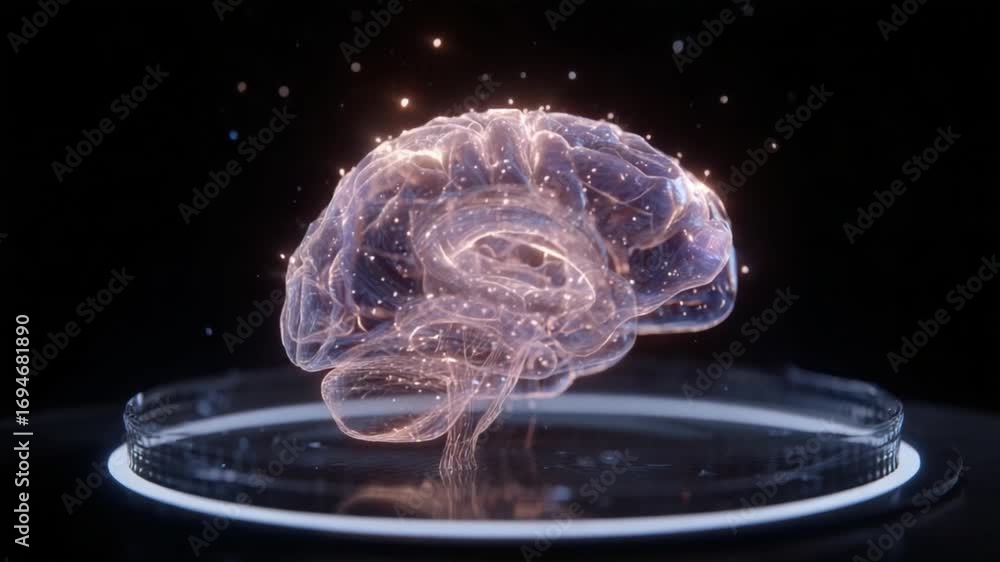 Poster brain concept image: a glowing, transparent brain model floats, illuminated by sparking particles, c