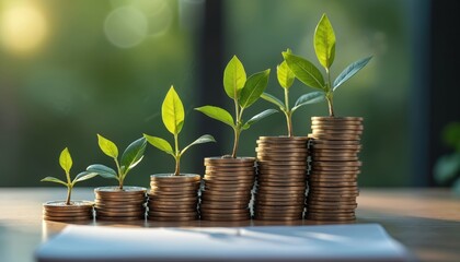 Stacks of coins with green plants growing. Concept of business growth investment, financial success. Coins symbolize money, savings, profit. Plants represent development, sustainability, future