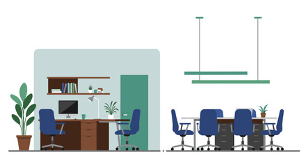 Modern office interior with workspace and conference area in flat design