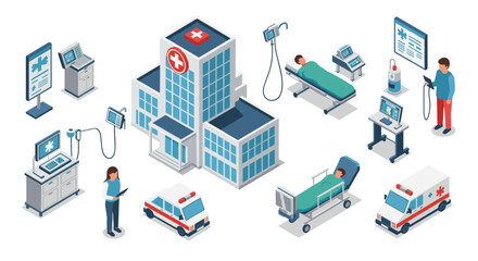 Isometric hospital scene with ambulances, patients, and medical equipment