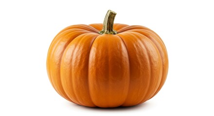 A round ribbed orange pumpkin with a sturdy stem sits on a white background