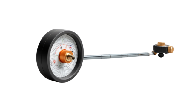 Precision Engineering: An industrial gauge with a circular dial and a metallic arm, showcasing the intricate details of precision machinery, with clear readability in a sterile environment.