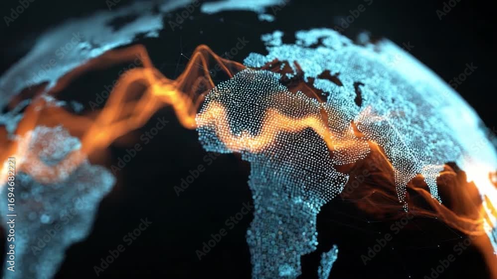 Poster global energy flow: an illuminated globe of the earth, highlighted by intricate patterns and an ener