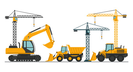 Construction equipment lineup featuring cranes, excavator, bulldozer, and truck