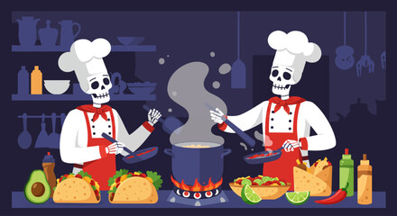 A vibrant flat design illustration of two cheerful skeleton chefs preparing an array of delicious Mexican dishes, symbolizing culinary joy and celebration.